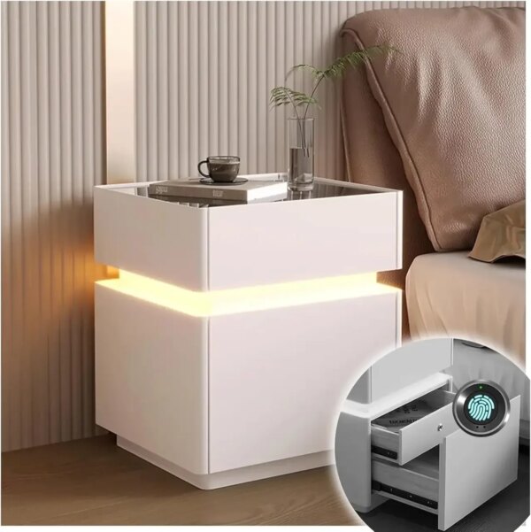 Тумба из экокожи XXF02 Белая с LED подстветкой, сейфом, беспроводная зарядка, Bluetooth-аудио 40х40х51