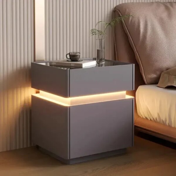 Смарт-Тумба из экокожи  Серая XXF02 с LED подстветкой, сейфом, беспроводная зарядка, Bluetooth-аудио 40х40х51