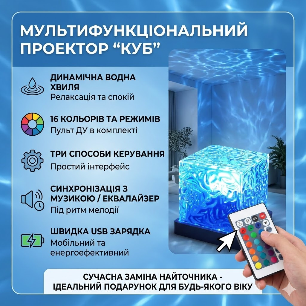 УЦЕНКА! Ночник проектор КУБ с проекцией воды Настольная RGB лампа (Повреждение на корпусе 3474)