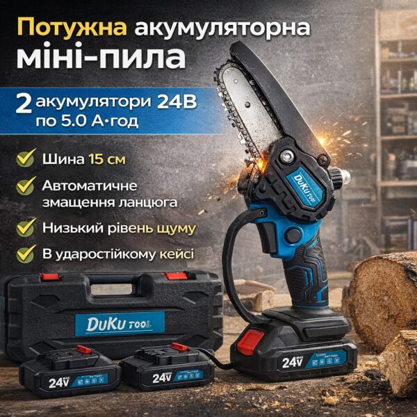 Аккумуляторная мини пила на 2 аккумулятора с автоматической смазкой цепи и шина 15см на 2000Вт DUC2000