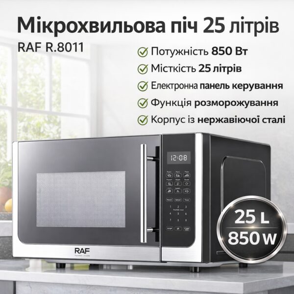 Микроволновка 850W на 25 литров в корпусе из нержавеющей стали RAF R.8011