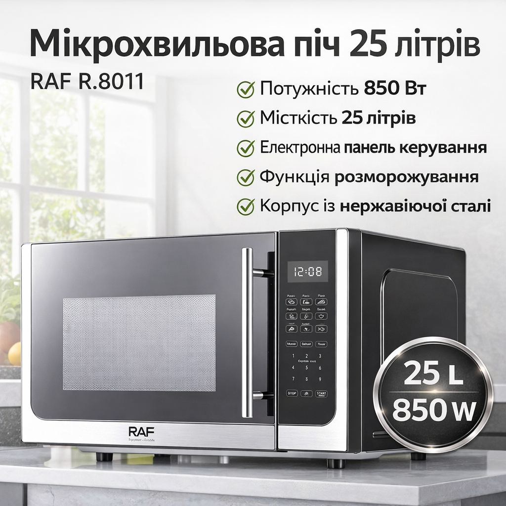Микроволновка 850W на 25 литров в корпусе из нержавеющей стали RAF R.8011