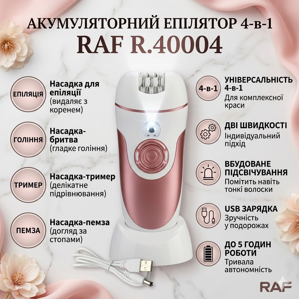 Аккумуляторный эпилятор 4в1 с насадками и USB-зарядкой RAF R.40004 3W
