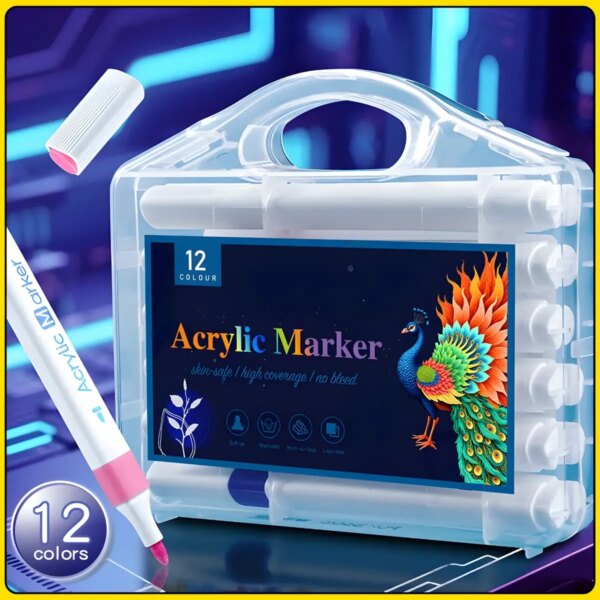 Набор акриловых маркеров 12 цветов Acrylic Marker MAP-01 с кулевидным наконечником в кейсе
