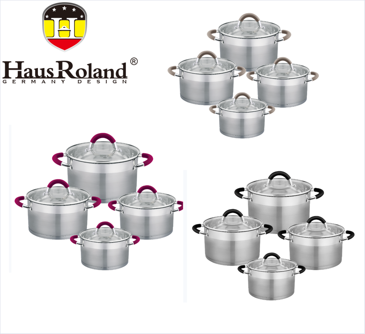 Набор кастрюль Haus Roland HR121-1 (4 шт) из нержавеющей стали 1,9/2,6/3,6/5,7 л., Серебристый