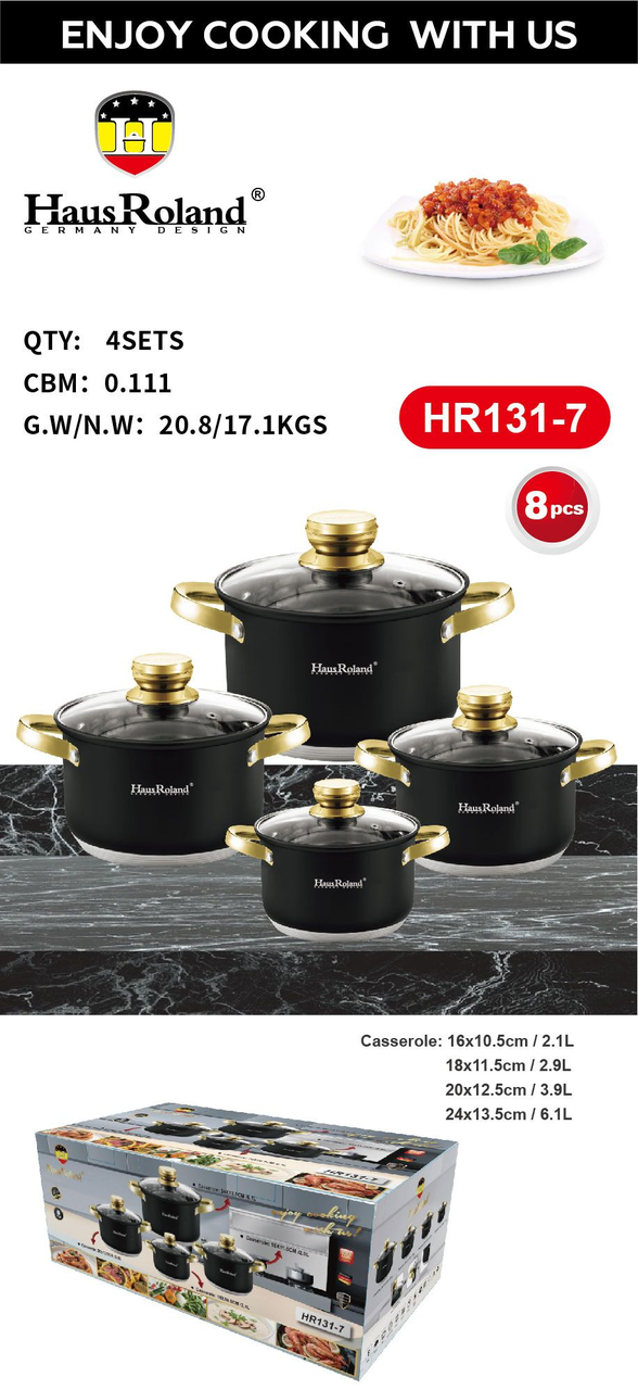 Набор кастрюль Haus Roland HR131-7, 4 шт из нержавеющей стали 2,1/2,9/3,9/6,1 л. Черный (HR131-7)