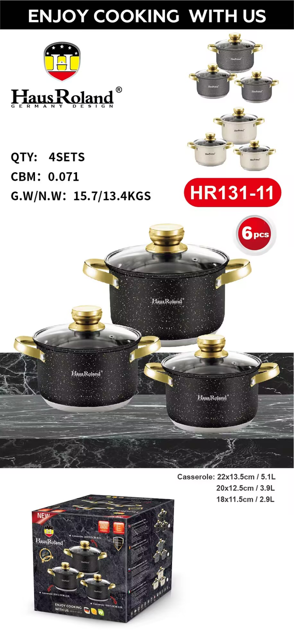 Набор кастрюль Haus Roland HR131-11 (3 шт) из нержавеющей стали 2,9/3,9/5,1 л, с гранитным покрытием, Черный