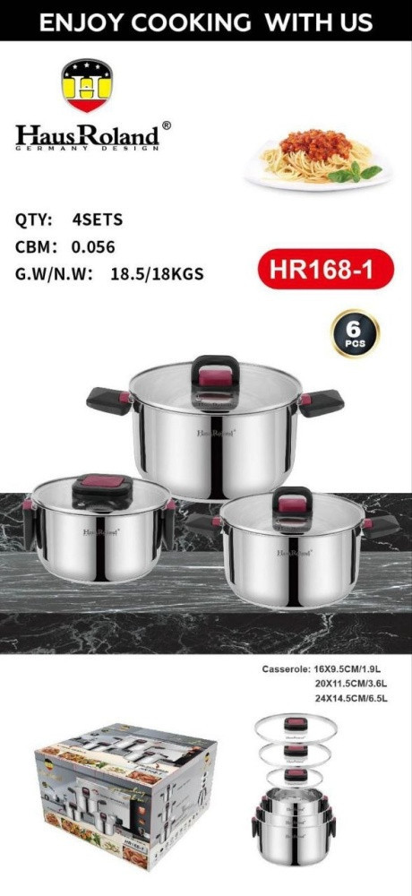 Набор кастрюль Haus Roland HR168-1, 3 шт из нержавеющей стали 1,9/3,6/6,5 л, со складными ручками. Серебристый (HR168-1)