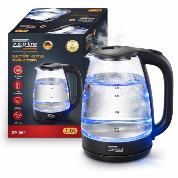 Стеклянный электрочайник с LED подсветкой Zepline ZP-991 (2.0 л, 2200 Вт) - Прозрачный чайник с автоотключением