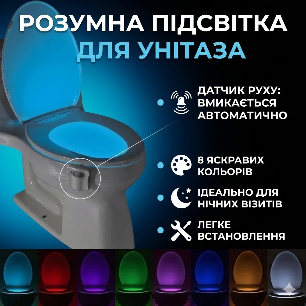 УЦЕНКА! Подсветка для унитаза с датчиком движения. Умный LED светильник ночник в туалет Light Bowl.8 цветов (Плохая упаковка 3350)