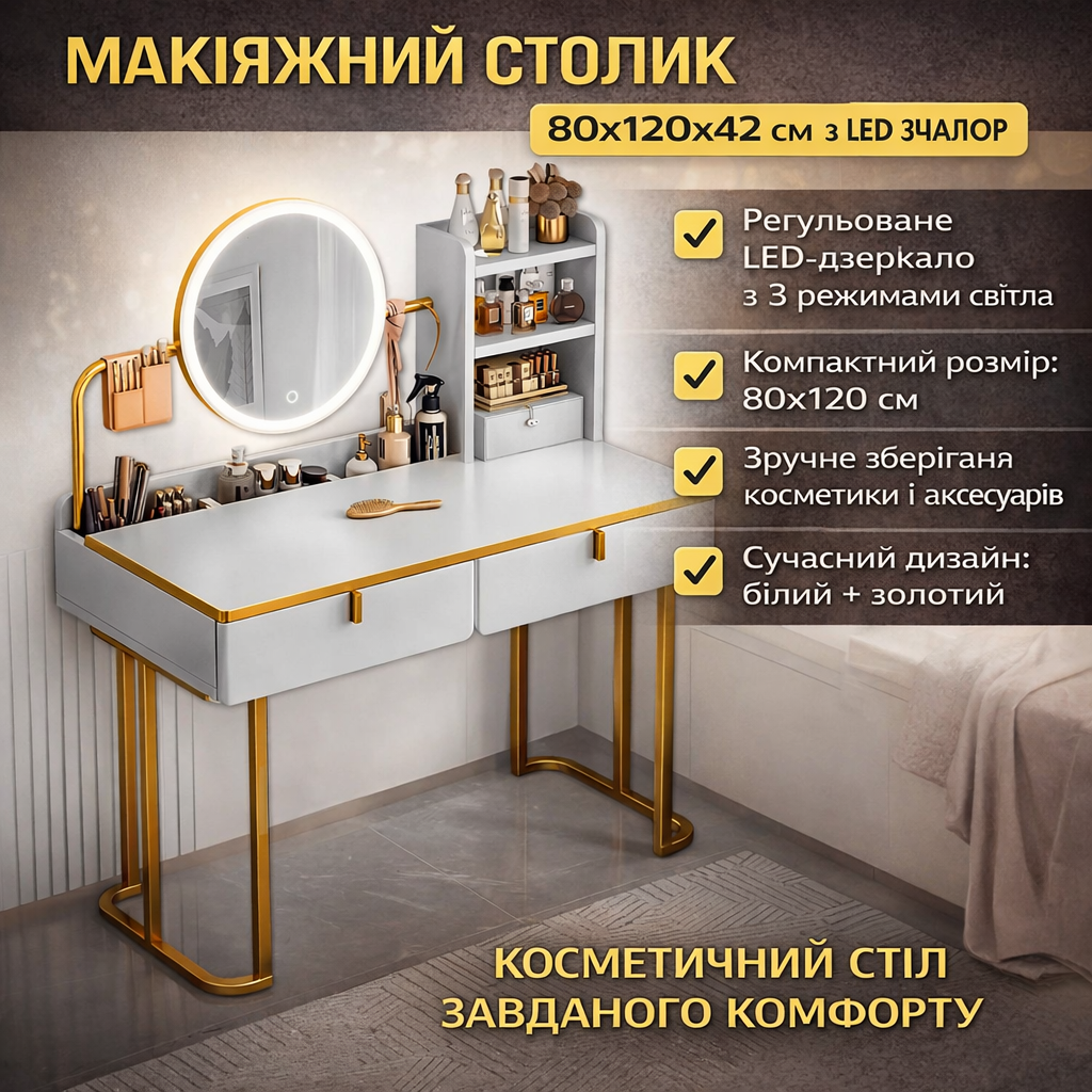 Столик для макіяжу 80х120х42 см з круглим LED-дзеркалом 37 см STL-MD 105