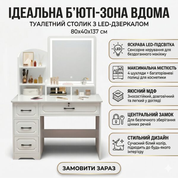 Туалетный столик с LED-зеркалом и выдвижными ящиками 80х40х137см STL-MD 83