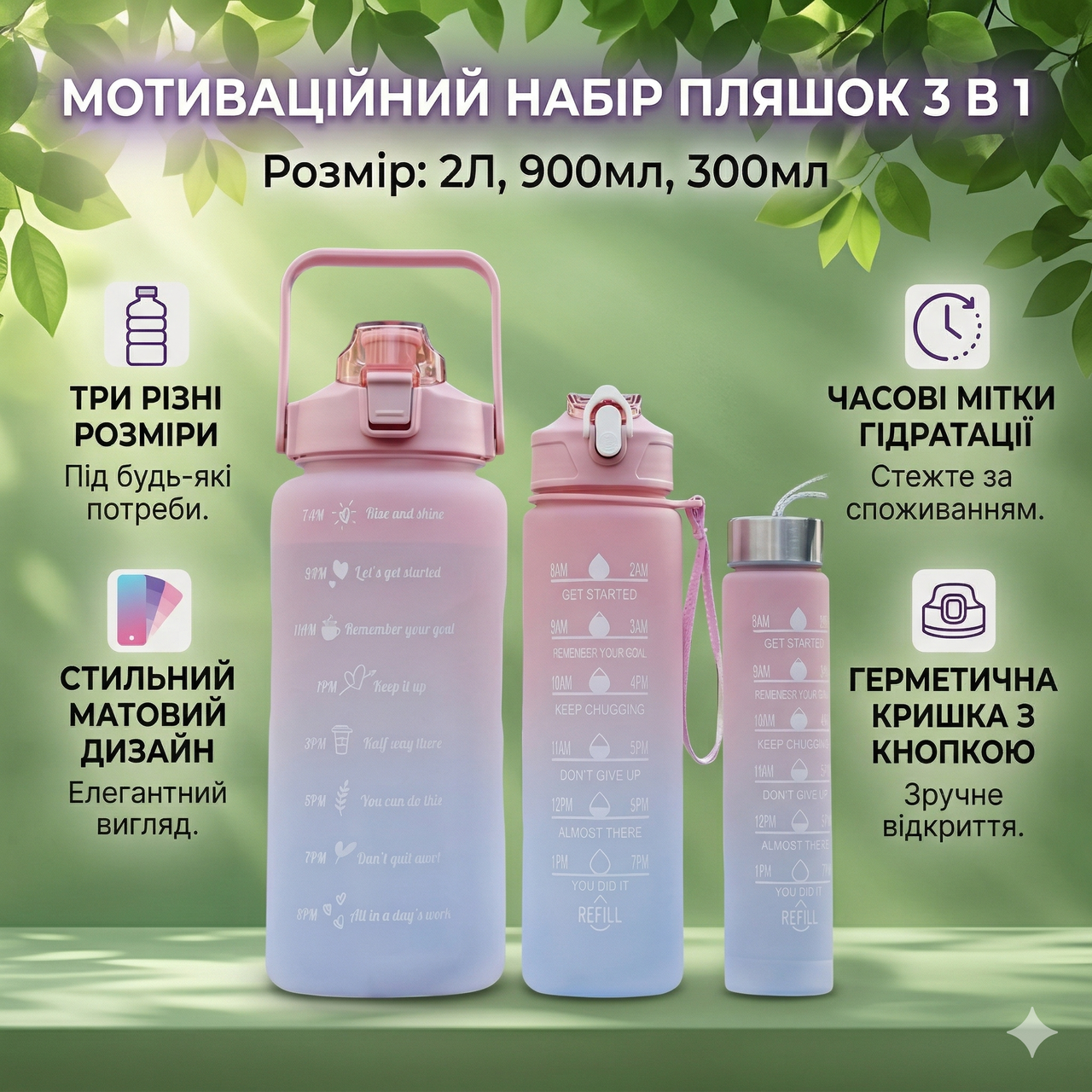 Бутилка для води 3 в 1 Bottle AND264 Рожево-голуба Комплект з 3 спортивних бутилок для води