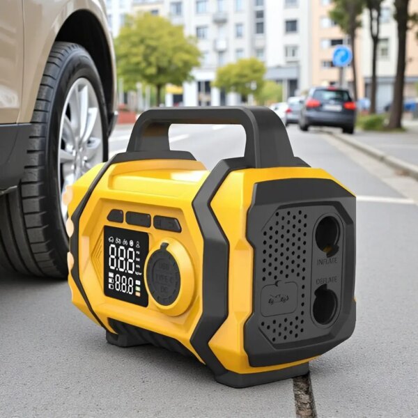 Переносной компрессор ATJ-201 с аккумулятором 8000mAh, фонариком и набором насадок