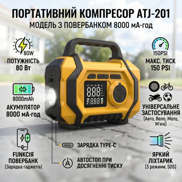 Переносной компрессор ATJ-201 с аккумулятором 8000mAh, фонариком и набором насадок