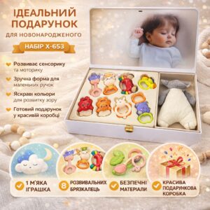 Детский набор погремушек + мягкая игрушка X-653 / Подарочный набор детских погремушек 8шт