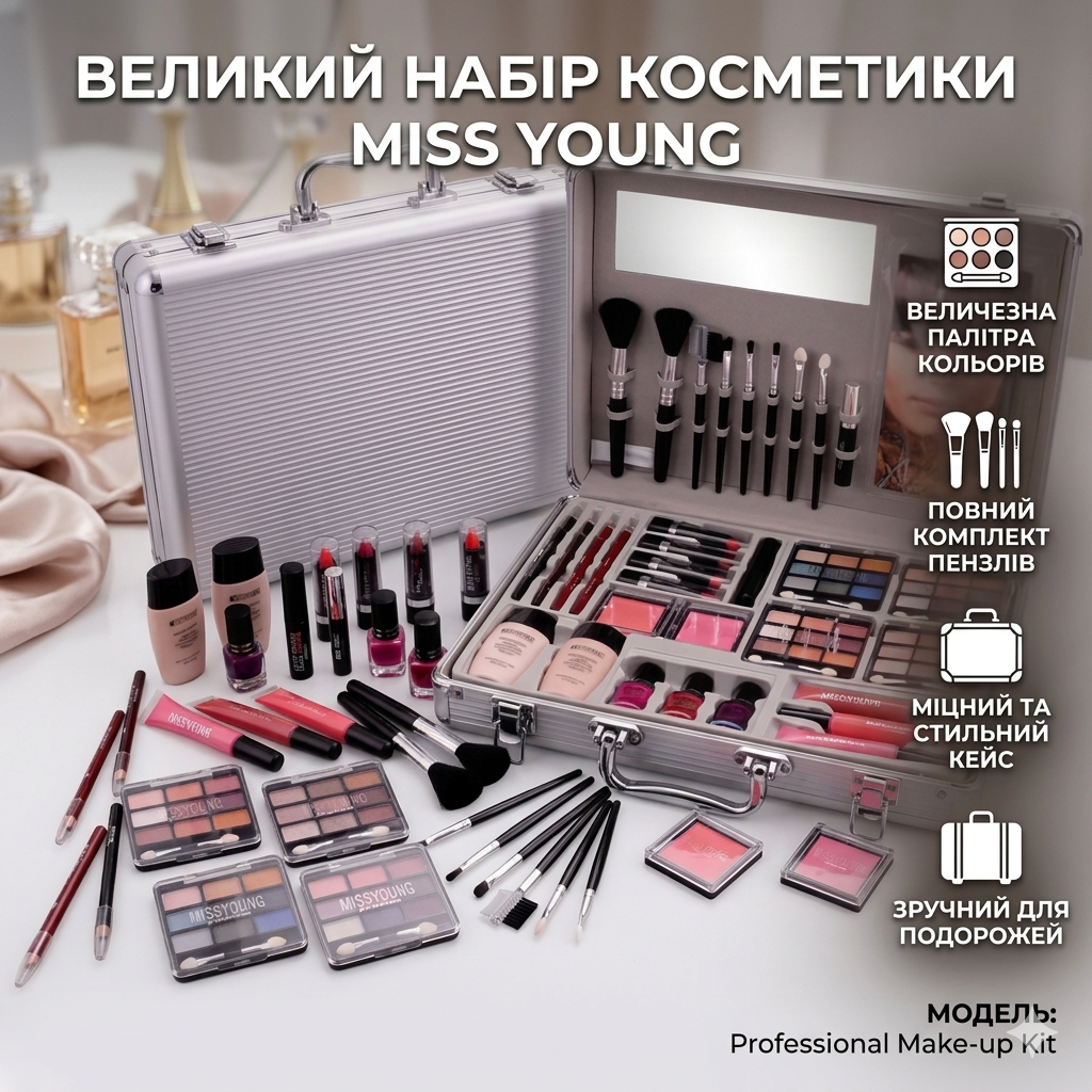 Профессиональный набор для макияжа в серебристом кейсе, 68