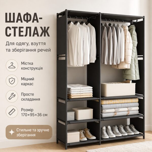 Шкаф-стеллаж для обуви с полками 170 см / Открытая гардеробная / Текстильный шкаф / Стеллаж для одежды
