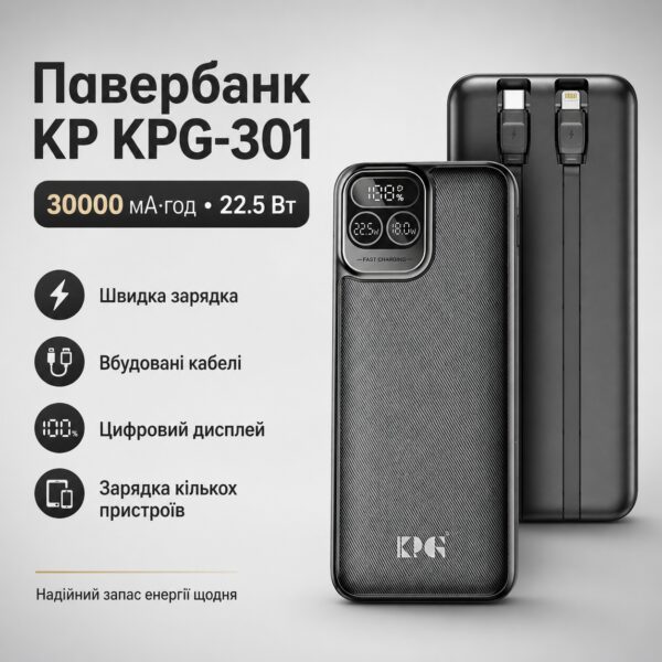 Портативное зарядное устройство King Power KPG-301 30000 мАч 22.5W для путешествий и ежедневного использования
