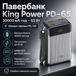 Павербанк King Power PD-65 30000 мАч 65W с быстрой зарядкой для смартфона, планшета и ноутбука
