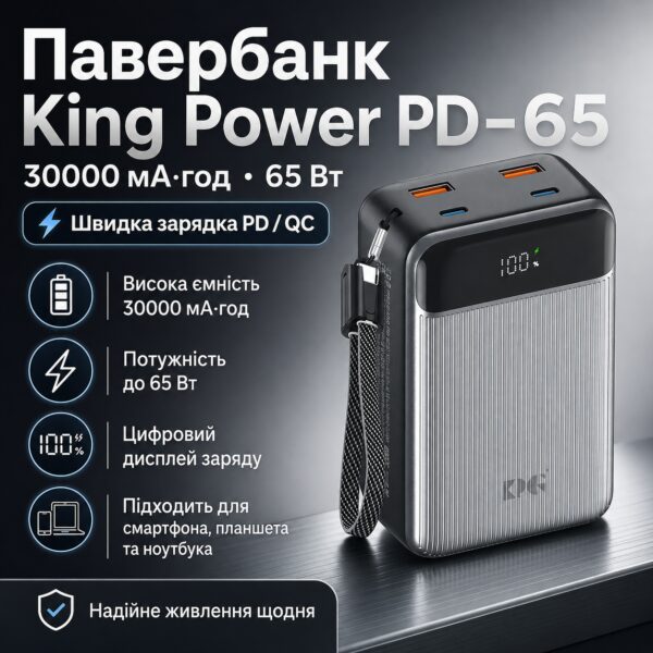 Павербанк King Power PD-65 30000 мАч 65W с быстрой зарядкой для смартфона, планшета и ноутбука