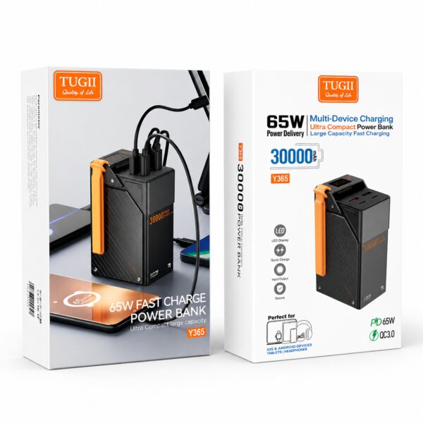 Повербанк TUGII Y365 30000 mAh 65W черный с 2 USB, 2 Type-C и ремешком для телефона и ноутбука