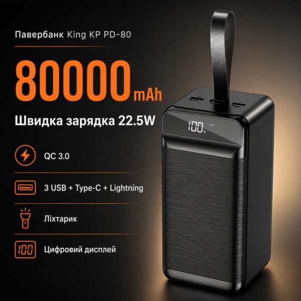 Портативное зарядное устройство Power Bank с фонариком King Power PD-808000 mAh 3USB Type-C Lightning Черное