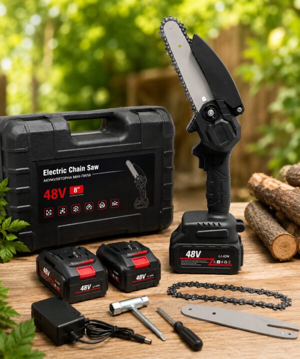 Аккумуляторная цепная мини пила Electric Chain Saw 48V 8" дюймов 20см с 2 аккумуляторами для обрезки веток деревьев в кейсе
