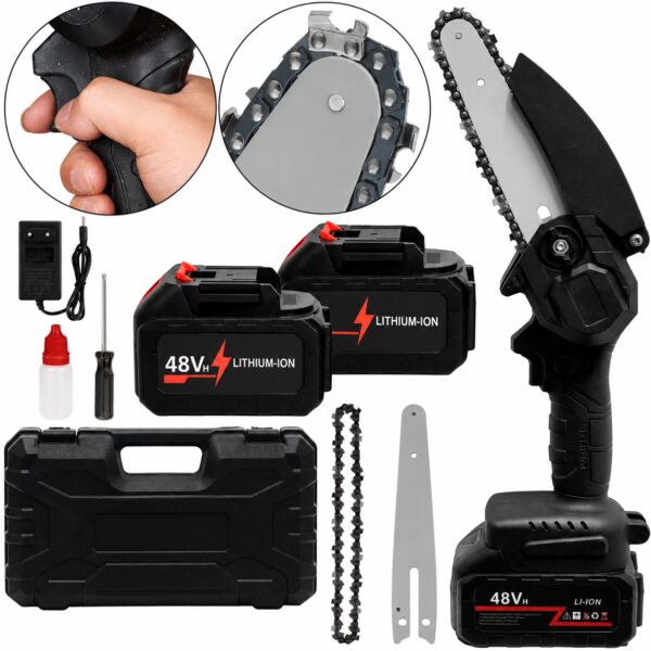 Аккумуляторная цепная мини пила Electric Chain Saw 48V 8" дюймов 20см с 2 аккумуляторами для обрезки веток деревьев в кейсе
