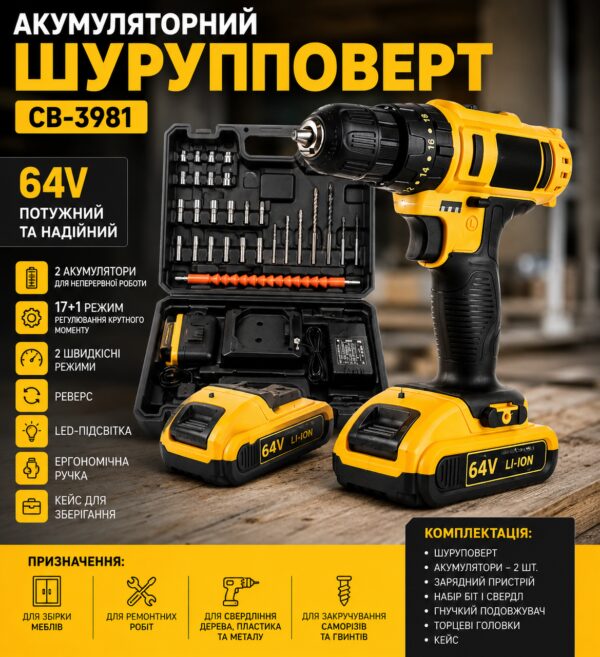 Аккумуляторный шуруповерт CB-3981, 64V, с набором насадок и 2 аккумуляторами