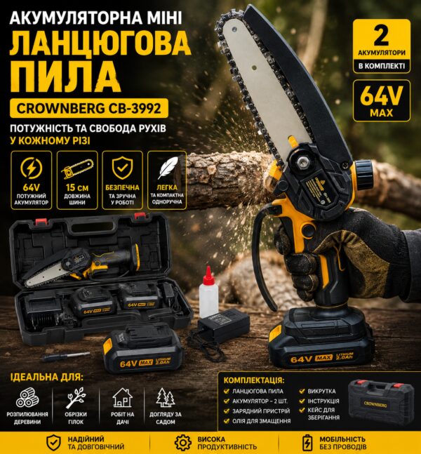 Цепная пила аккумуляторная мини Crownberg CB-3992 2 аккумулятора шина 15 см с кейсом 64 В