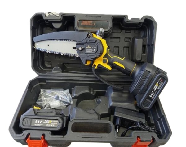 Цепная пила аккумуляторная мини Crownberg CB-3992 2 аккумулятора шина 15 см с кейсом 64 В