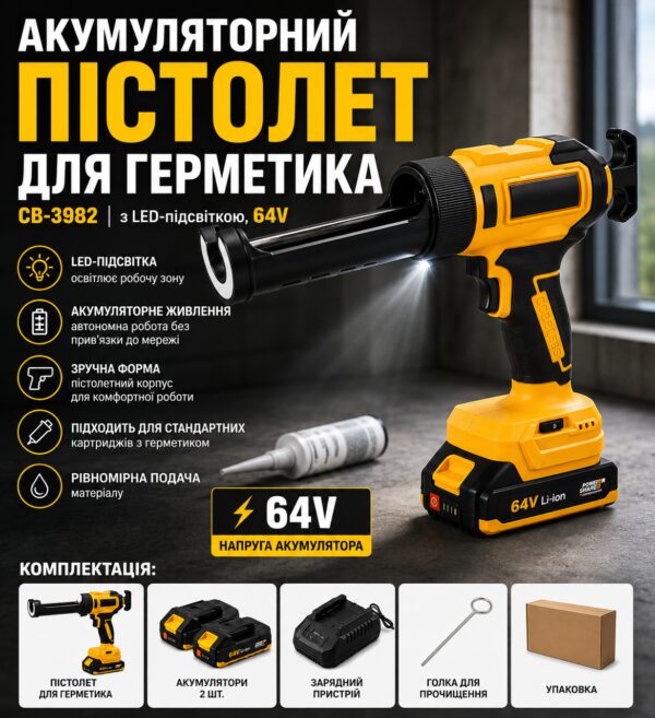 Аккумуляторный пистолет для герметика CB-3982, с LED-подсветкой, 64V