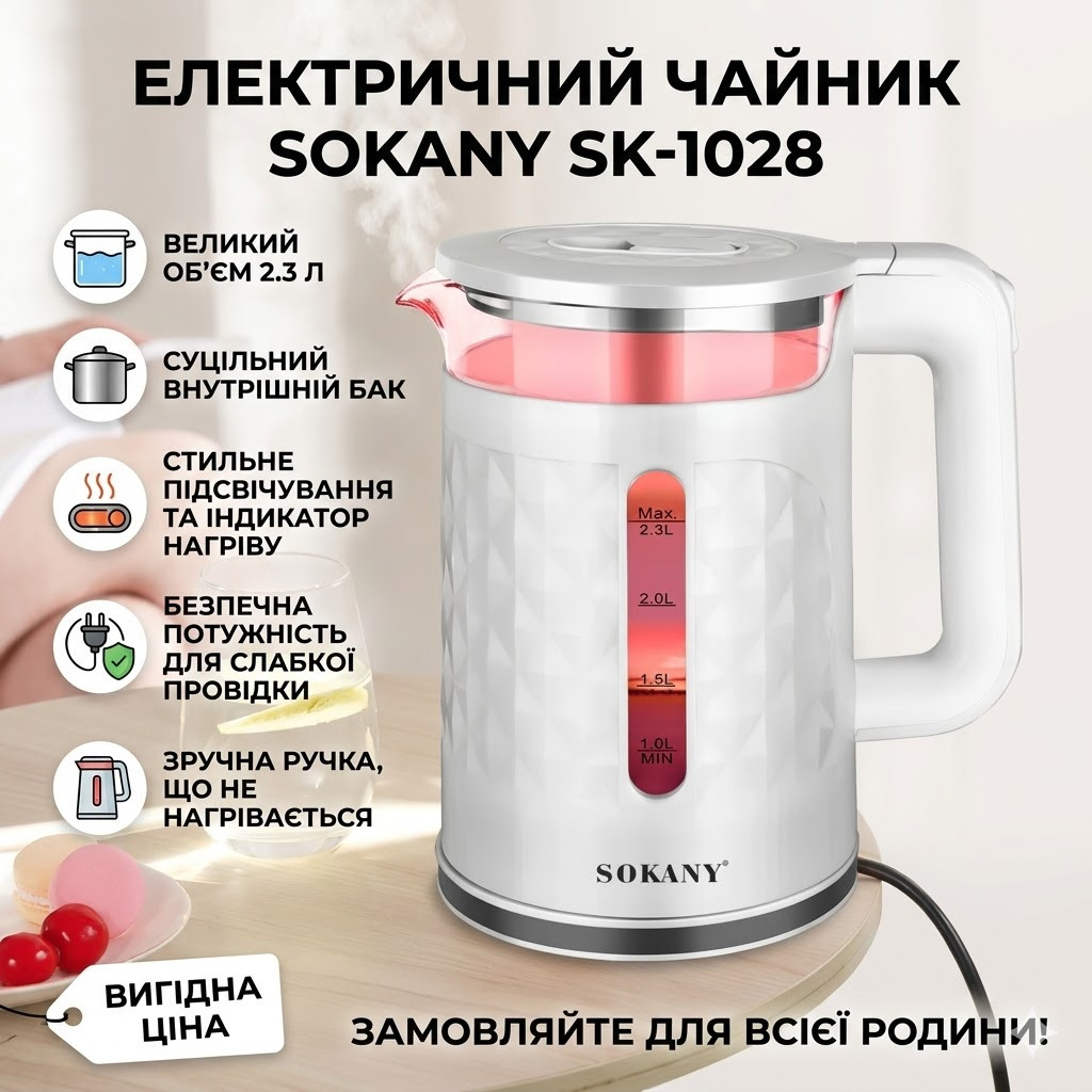 УЦЕНКА! Электрический чайник Sokany SK-1028 с подсветкой, белый (Плохая упаковка 3567)