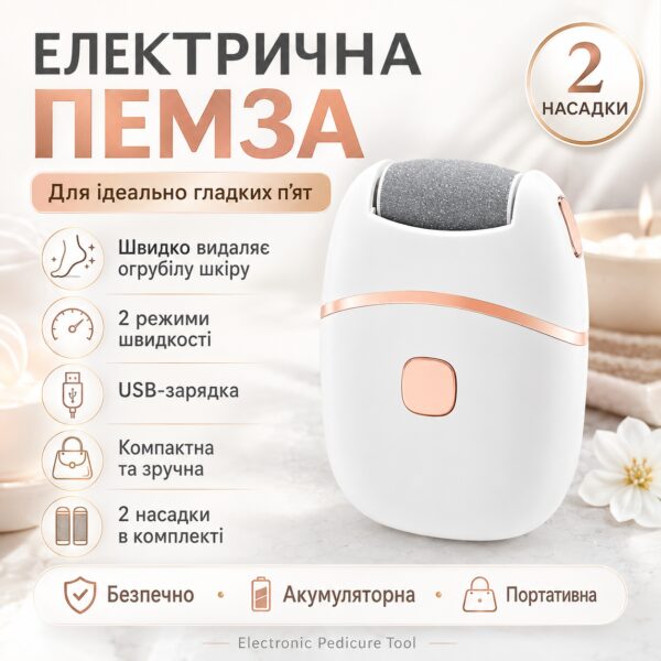 Электропемза USB с 2 шлифовальными насадками, Белый / Аккумуляторная шлифовальная машинка для педикюра / Прибор для педикюра
