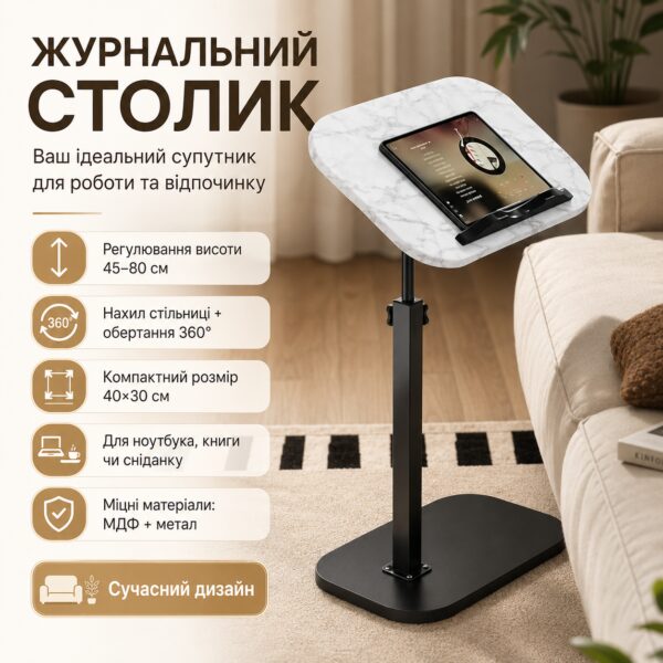 Журнальный столик Grant с регулировкой высоты и оборотом 360°, 80-45х40х30см, Белый / Приставной столик / Прикроватный столик