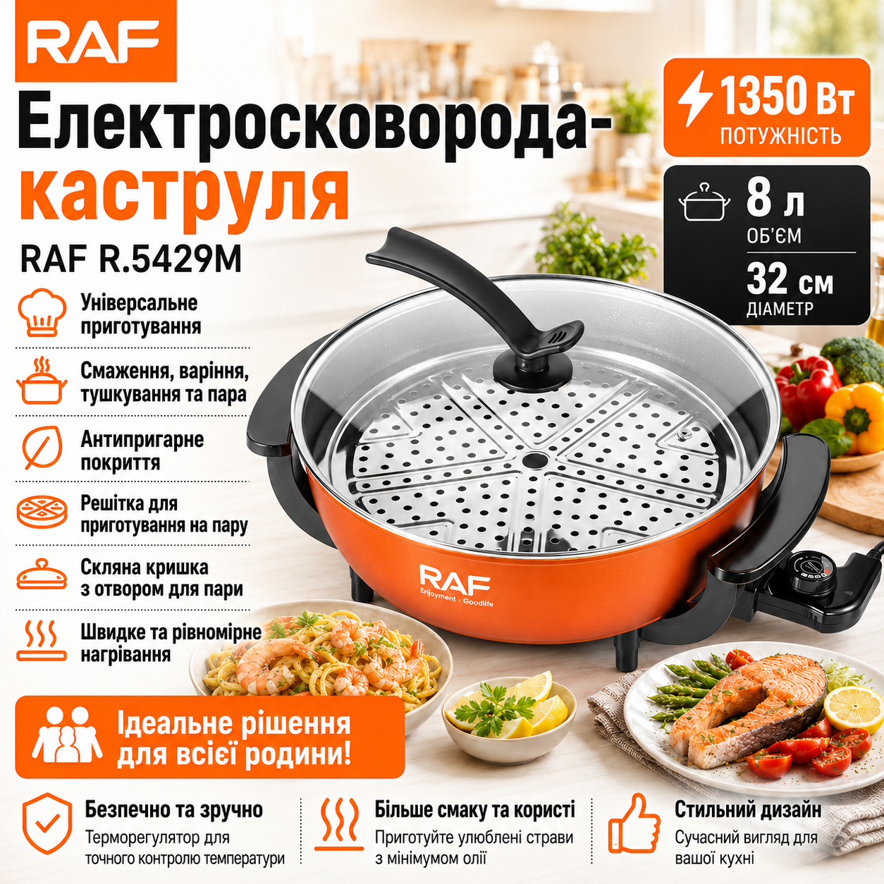 Электросковорода с крышкой и решеткой для приготовления на пару RAF 5429M 1350W