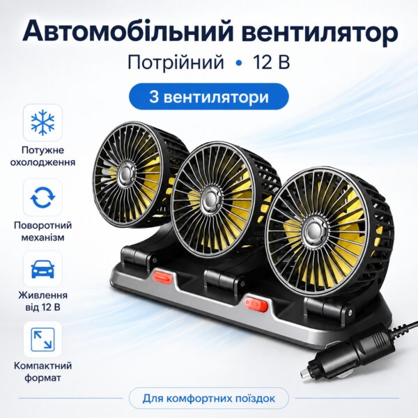 Автомобильный вентилятор тройной 12В, Черный / Мини вентилятор в машину / Вентилятор в авто / Портативный вентилятор