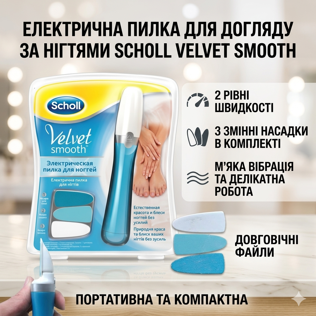 Электрическая пилка для ухода за ногтями со сменными насадками Scholl Velvet Smooth