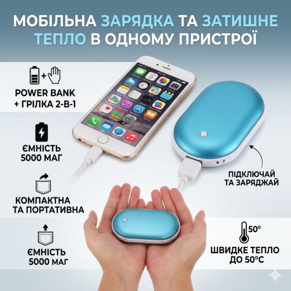 Грелка для рук и повербанк 2 в 1 Pebble hand warmer Грелка-повербанк 5000 mAh Power Bank с подогревом