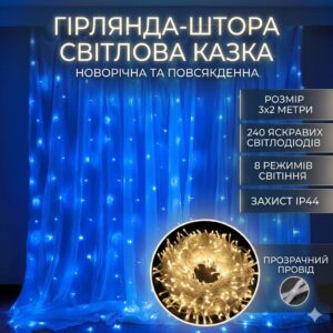 Гирлянда-штора на 3х2 м новогодние украшения для декора дома Гирлянда на прозрачном проводе от сети Синий