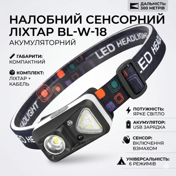 Налобный фонарь аккумуляторный, BL-W-18, Черный / Сенсорный фонарик налобный / Фонарик на голову