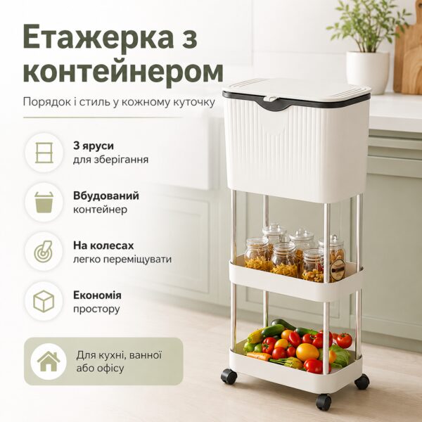 Кухонный Органайзер-Урна 78,5х29х20см, Белый / Передвижной стеллаж на колесах / Этажерка для кухни