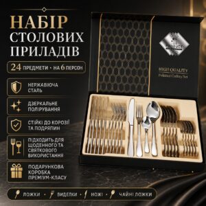 Набор столовых приборов на 6 персон (24 предмета) в подарочной упаковке, Серебристый / Набор столовый / Набор ложек и вилок