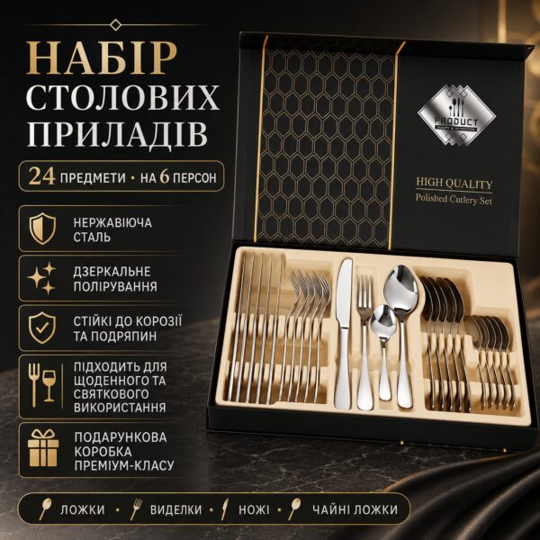 Набор столовых приборов на 6 персон (24 предмета) в подарочной упаковке, Серебристый / Набор столовый / Набор ложек и вилок