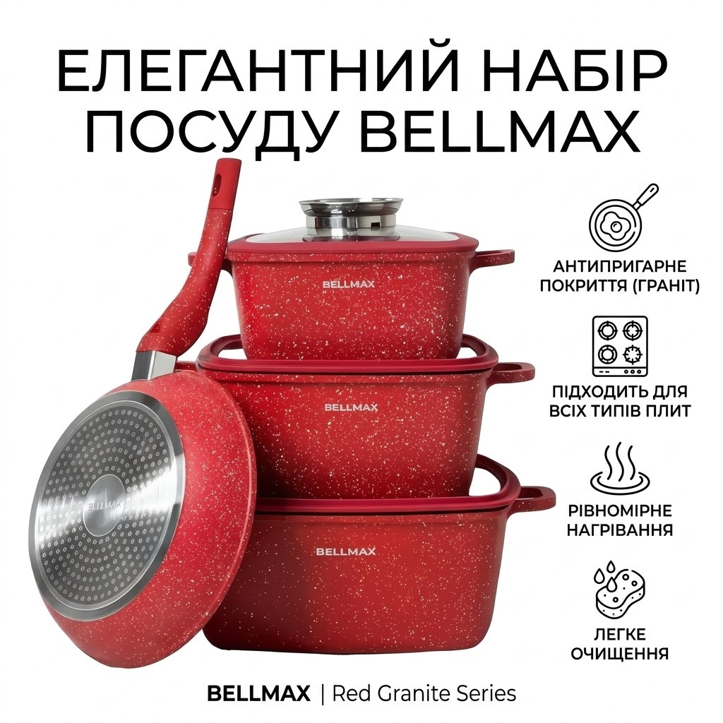 Набор кухонной посуды с гранитным антипригарным покрытием на 9 предметов Bellmax Cookware Set BM-132 RED