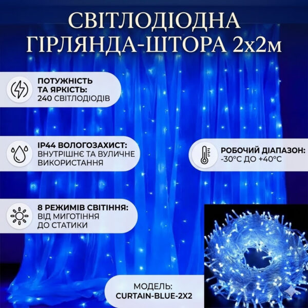 Новогодняя гирлянда Штора на 2х2 м украшения для декора дома Гирлянда на прозрачном проводе от сети Синий