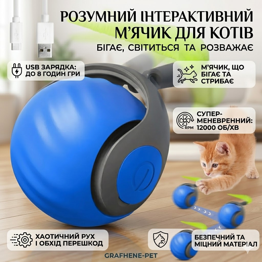 Интерактивный мячик для кота с подсветкой, от USB, 5,5см, Синий / Умный мячик для котов / Смарт игрушка для кошек