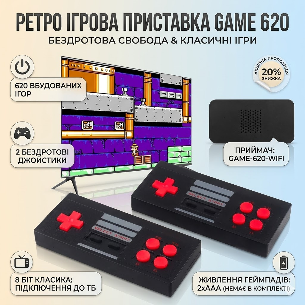 Игровая приставка Game 620 с двумя беспроводными джойстиками / Детская ретро приставка-консоль