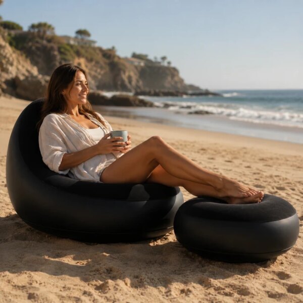 Надувное кресло с пуфиком 2в1 (116х98х83см, до 100кг) Air Sofa + насос, Черный / Надувной велюровый диван с пуфом